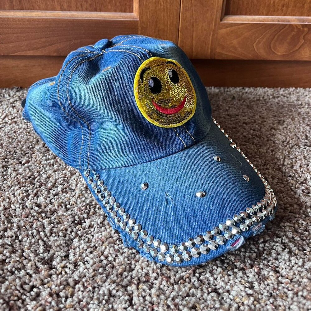 Magid Hats Denim Smiley Face Y2K Cap w Sequins‎ and Studs